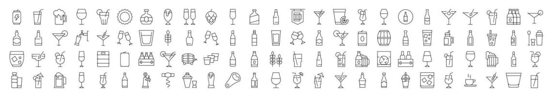 Soft Drinks and Alcohol Line Icon Set. Contains Icons of Beer, Cocktail, Bottle that Can Be Used for Design of Cards, Posts, Apps, Web Sites vector