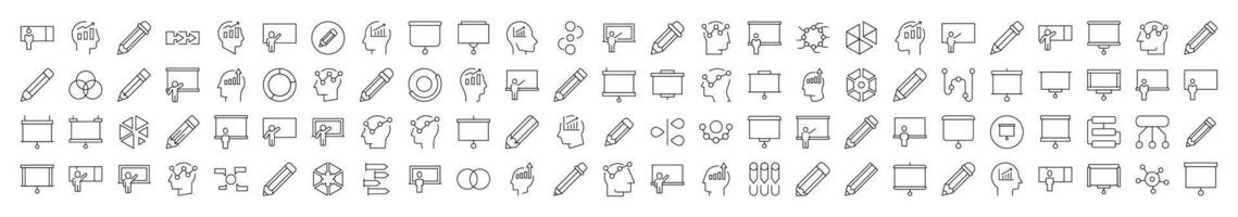 Set of Line Icons of Presentation, Brainstorm, Pencil, Diagram. Editable Stroke. Minimalistic Linear Pictogram for Design of Cards, Apps, Banners, Posts vector