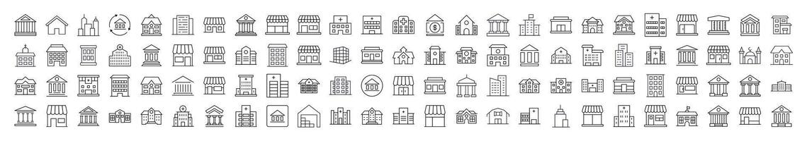 Collection of Various Houses and Constructions Related Line Icons. Editable Stroke for Design, Web Sites, Apps, Cards. Contains Linear Images of Apartment Buildings, Banks, Stores, Hospitals vector