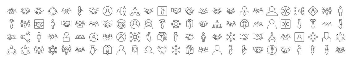 Staff and Company Line Icon Bundle. Modern Collection for Design, Web Sites, Apps, Cards. Contains Linear Images of Worker, Handshaking, Office Clothing vector