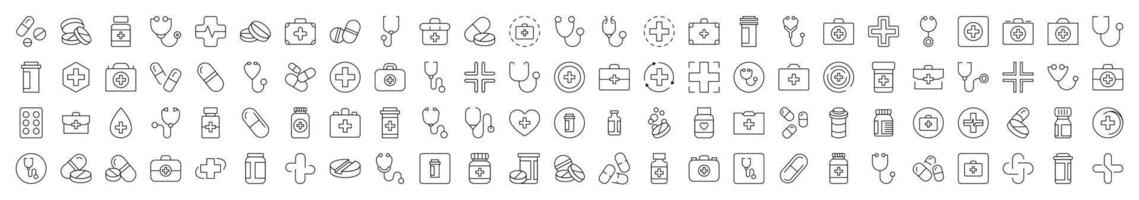 Set of Health Care Related Line Icons. Editable Stroke for Design, Web Sites, Apps, Cards. Contains Linear Images of Medical Cross, Pills, Stethoscope, Suitcase vector