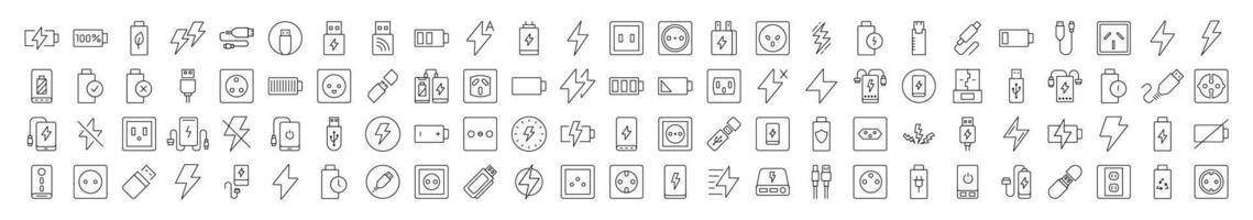 Collection of Energy Related Line Icons. Editable Stroke for Design, Web Sites, Apps, Cards. Contains Linear Images of Battery, USB Cable, Charger, Outlet vector