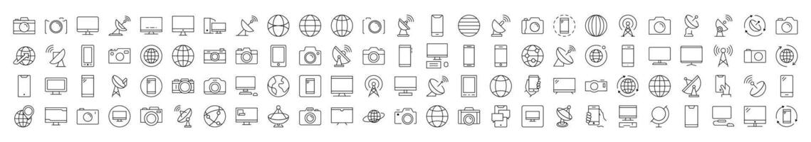Photo Camera, Globe, Computer, Radio Locator, Phone Line Icon Set. Editable Stroke. Minimalistic Linear Pictogram for Design of Cards, Apps, Banners, Posts vector