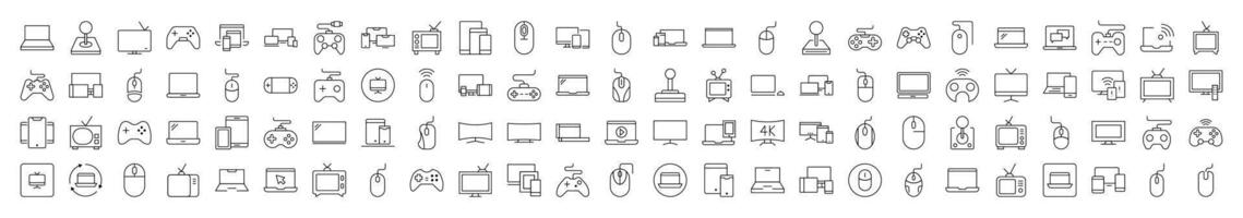 Bundle of Devices Related Line Icons. Editable Stroke for Design, Web Sites, Apps, Cards. Contains Linear Images of Computer, Mouse, Joystick, TV vector