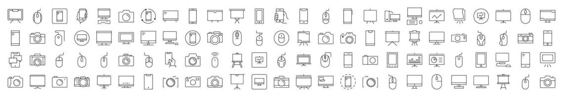 Devices Line Icon Bundle. Modern Collection for Design, Web Sites, Apps, Cards. Contains Linear Images of Phone, Photo Camera, Computer Mouse and PC vector