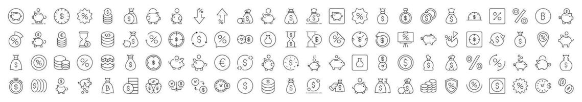 Piggy Bank, Dollar, Coin, Percent Outline Web Line Icons Collection. Editable Stroke. Minimalistic Linear Pictogram for Design of Cards, Apps, Banners, Posts vector