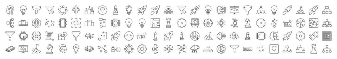 Data and Analytics Outline Simple Icons Bundle. Contains Icons of Puzzle, Funnel, Gear, Cogwheel, Spaceship that Can Be Used for Design of Cards, Posts, Apps, Web Sites vector