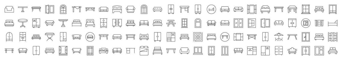 Bundle of Furniture Related Line Icons. Editable Stroke for Design, Web Sites, Apps, Cards. Contains Linear Images of Dresser, Couch, Sofa, Table, Window vector