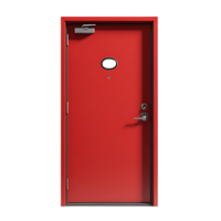 Red Door with Transparent Background - A Single Door with a Door Handle, Peephole, and Hinges png