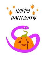The snake wraps around the pumpkin. Happy Halloween text. vector