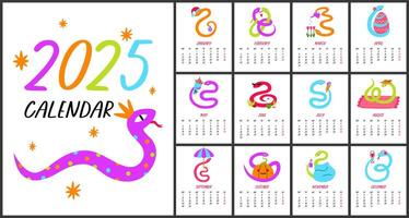 Vertical calendar 2025. 12 months with 12 cartoon snakes characters. For size A4, A5, A3. vector