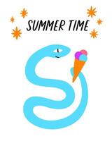 A happy cute snake with ice cream cone. The concept of summer time. vector