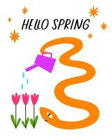 A happy cute snake is watering flowers with a watering can. The inscription hello spring. vector