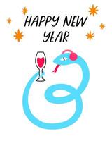 A snake in fur headphones is holding a glass of wine with its tail. Happy New Year. vector