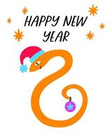 A snake in a Santa Claus hat is holding a Christmas tree toy in its tail. Happy New Year. vector