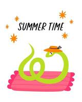 A happy cute snake on the inflatable mattress. The concept of summer time. vector