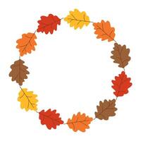 Autumn oak leaves round Frame. Doodle Leaf round multicolored background. Cute hand drawn foliage illustration with copy space for text. Template for card, invitation, banner, poster. vector