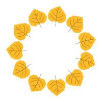 Hand drawn Autumn yellow Leaf circle Frame background. Empty round backdrop made of yellow aspen Leaves. Blank Fall season poster, postcard vector
