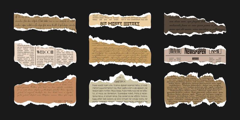 Set of old Newspaper and vintage Letter sheet for Scrapbook. Collage craft ragged elements pieces. Trendy abstract grunge pages. Paper with torn edges and illegible font