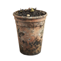 Old Clay Pot with Soil and Leaves with a Transparent Background png