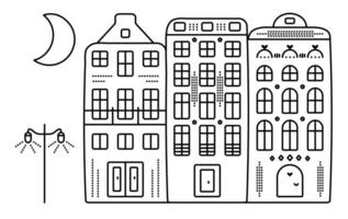 Typical Dutch architecture, three canal houses in Amsterdam style, lantern and waxing moon. Black line Netherlands buildings at night vector
