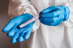 Scientist doctor wearing PPE suit and holding a sample test tube with blood for 2019-nCoV analyzing. photo