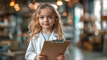 A little girl in a white coat holding a clipboard video