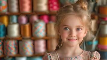 A little girl is smiling in front of a bunch of spools video