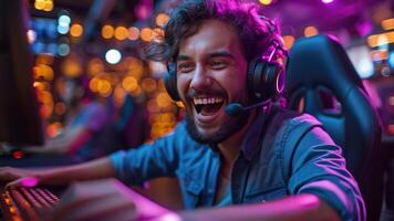 A man with headphones on is laughing while playing games video