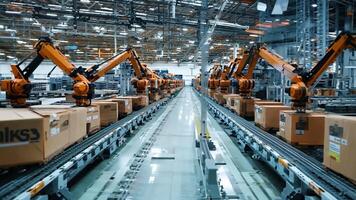 Robots moving boxes in an assembly line video