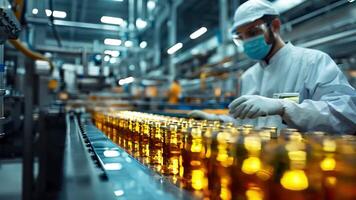 ein Arbeiter im ein Weiß Labor Mantel ist Arbeiten auf ein Produktion Linie video