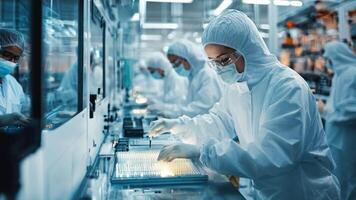 Workers in white protective suits working on a computer video