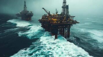 Two oil rigs in the ocean with waves crashing in the background video
