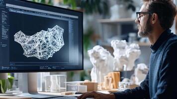 A man is working on a computer with a 3d model on the screen video