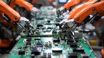 Robots working on a circuit board in an assembly line video