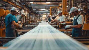 Arbeitskräfte im ein industriell Fabrik Arbeiten auf ein lange Stück von Papier video
