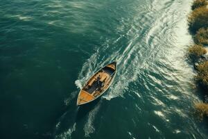 Majestic Bird Eye View of Boat on the Go. photo