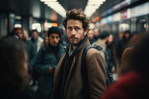 A Studio Shot of Man Standing Still among the moving Crowd in a Train Station. photo