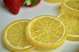 Plastic yellow lemon slices food ingredients on white plate isolated on horizontal white surface background with strawberry toy object on the back. photo