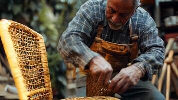 My father is mending a broken chair, using his skills to restore it at home. video