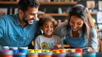A family of three organizing their art supplies, with each member contributing by placing items in labeled containers for easy access video