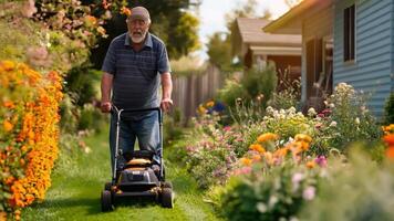 My father, with a focused expression, is cutting the grass in our garden, keeping the area around our home tidy and green. video