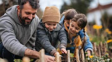 Parents and kids repairing a broken fence post, with each person taking on a role, reinforcing the home structure through teamwork. video