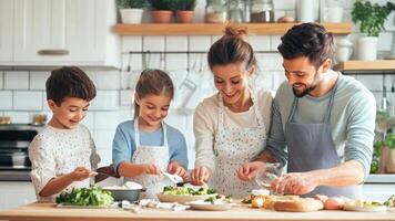 A family of four working together to clean up after dinner, each person taking on a task, showing how teamwork makes quick housework possible in a happy home video