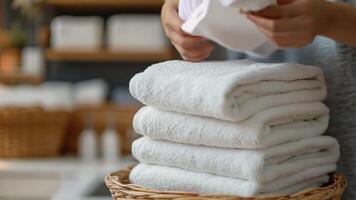 A person carefully folding towels in a neat stack, finding peace in the simple task in a quiet laundry room video