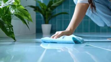 A woman wiping down bathroom tiles with a cloth and natural disinfectant, ensuring a chemical-free and safe space. video