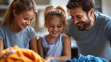 A family sorting laundry together, with parents and kids separating clothes by color, making a routine task quick and enjoyable. video
