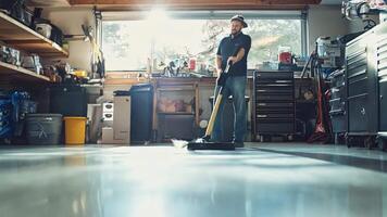 A busy man quickly sweeping the garage floor, keeping his workspace tidy before a full day of meetings video