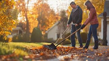 A couple sweeping their driveway together, with one sweeping and the other collecting debris, making the job simple through teamwork. video