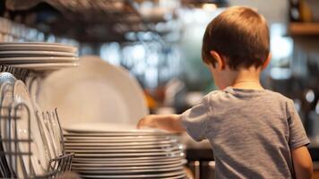 A boy, focused and determined, is loading dishes into the dishwasher in the kitchen, learning the value of helping out video